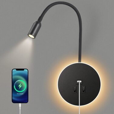 Світильник для читання Awekliy 3W+8W LED з гнучкою ніжкою, настінний, з USB-зарядкою, перемикачем, для спальні, ліжка, нічник, чорний, 3000K