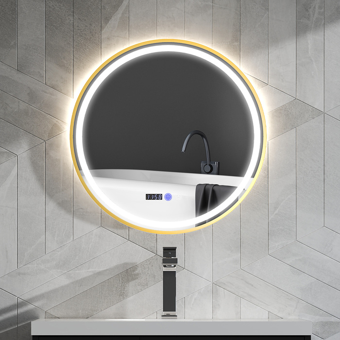 Дзеркало для ванної кімнати з підсвіткою LED, з функцією запобігання запотіванню, сенсорним керуванням та дисплеєм.