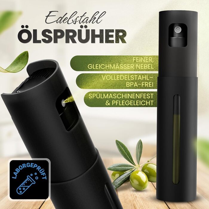 Преміум розпилювач для олії Leisure Life NEU 2.0, нержавіюча сталь, 100 мл, BPA-free, для кухні, гриля та аерофритюрниці, Noir Steel