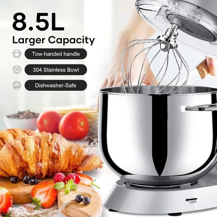 Кухонна машина Vezzio 1500W з чашею 8.5L з нержавіючої сталі: міксер, тістоміс, планетарний міксер для дому