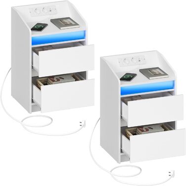 Набір з 2 приліжкових тумб з LED-підсвіткою, зарядною станцією, USB та розетками, з 2 шухлядами, білий, для спальні та вітальні, модель NS30103X