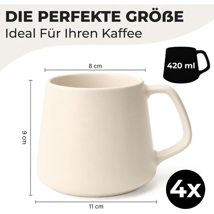 Набір керамічних чашок для кави та чаю MIAMIO Luxe (4 шт, 420 мл), Cream Rose — для капучино та еспресо, підходять для мікрохвильової печі та посудомийки