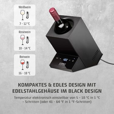 CASO WineCase One Black - Витримання вина: міні-холодильник для однієї пляшки, 5-18°C, діаметр до 9 см, сенсорне керування, чорне сталеве покриття