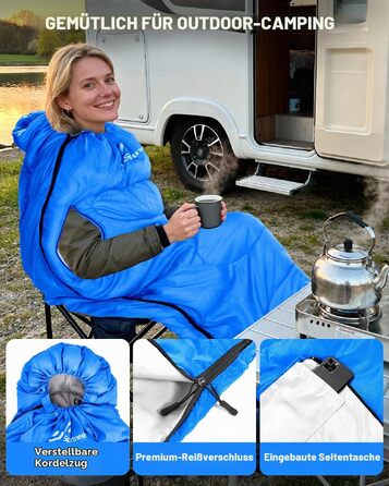 Спальний мішок Sportneer Outdoor (ковдра-спальник) 220×85 см, синій, температурний режим +10...+26 °C, з отворами для рук, 1.5 кг