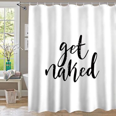 Душова завіса Inshere Get Naked, водонепроникна, біла, 180x180 см, з 12 гачками, для ванної кімнати, стильний принт