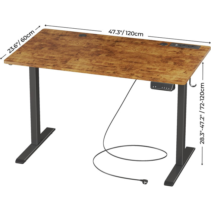 JOISCOPE електричний стіл для роботи стоячи, 140 см, з розеткою, USB та Type-C, для домашнього офісу, легко монтується, антикварний дуб, 55 дюймів