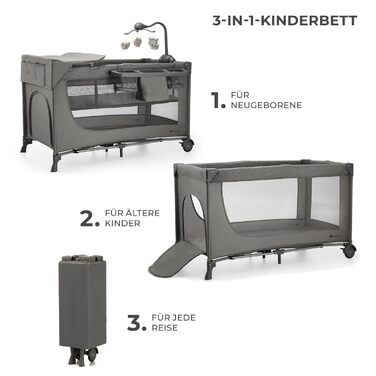 Дитяче ліжечко Kinderkraft JOY 2 ACC 3-в-1, дорожнє, з аксесуарами, на колесах, компактне складання, темно-сіре