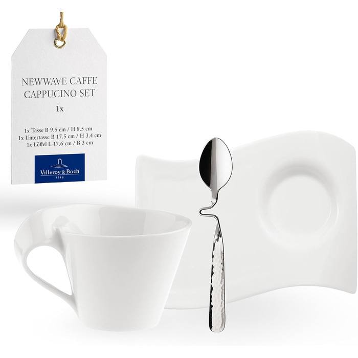 Набір для капучино Villeroy & Boch NewWave: порцелянова чашка, блюдце та ложка з нержавіючої сталі, 3 предмети, преміум якість