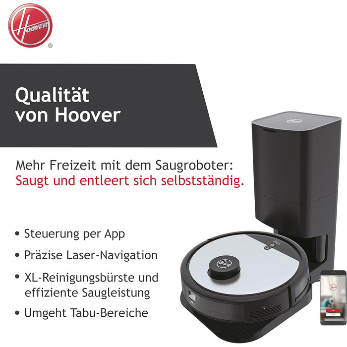 Робот-пилосос Hoover HG5 з лазерною навігацією, автоматичним очищенням, станцією для збору пилу, керуванням через додаток, складанням карт та розкладом прибирання, сенсорами перешкод, самостійним спорожненням і зарядною станцією [HG550DP]