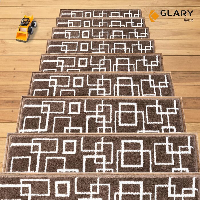 Набір 15 самоклеючих килимків для сходів Glary Home 22×71×1,2 см, квадратний візерунок, біло-коричневі