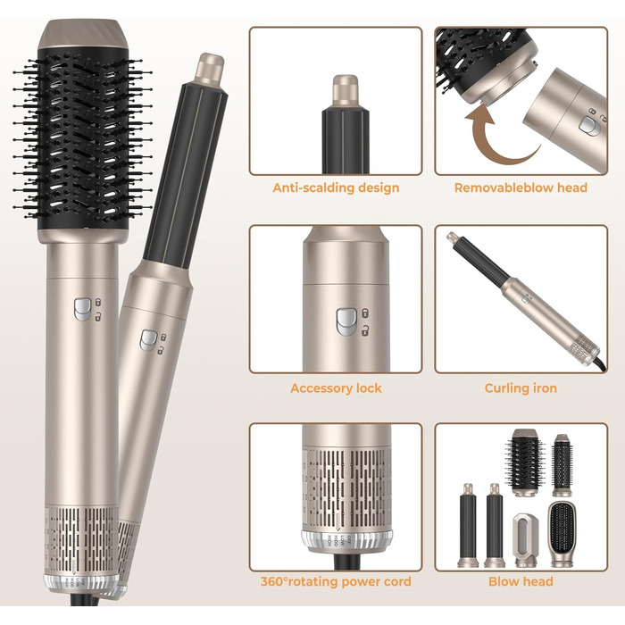 UMIGA Hairstyler 5-в-1: Фен-щітка, стайлер для волосся, випрямляч, плойка (Золотий)