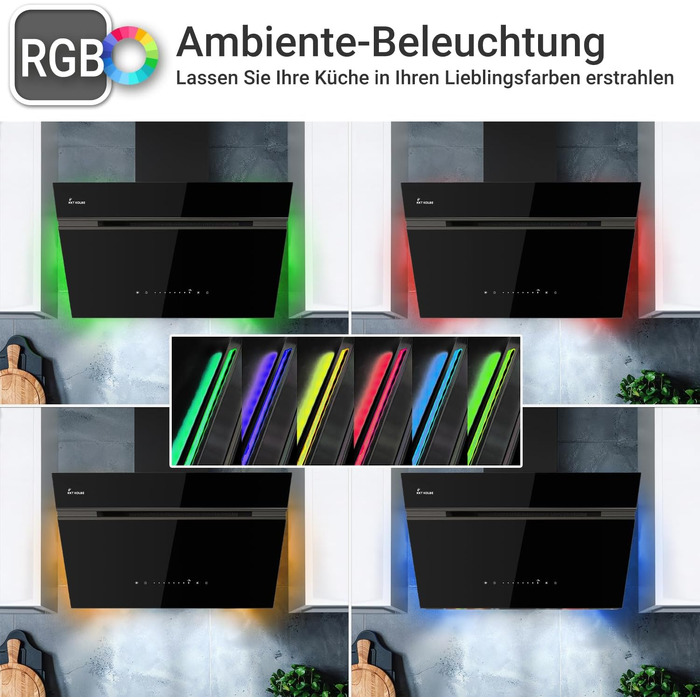 Витяжка для кухні KKT Kolbe Aurora 60 см, чорне скло, 782 м³/год, з WiFi, RGBW LED-підсвіткою та сенсорним керуванням, режим рециркуляції та відводу (AURORA6005FB)