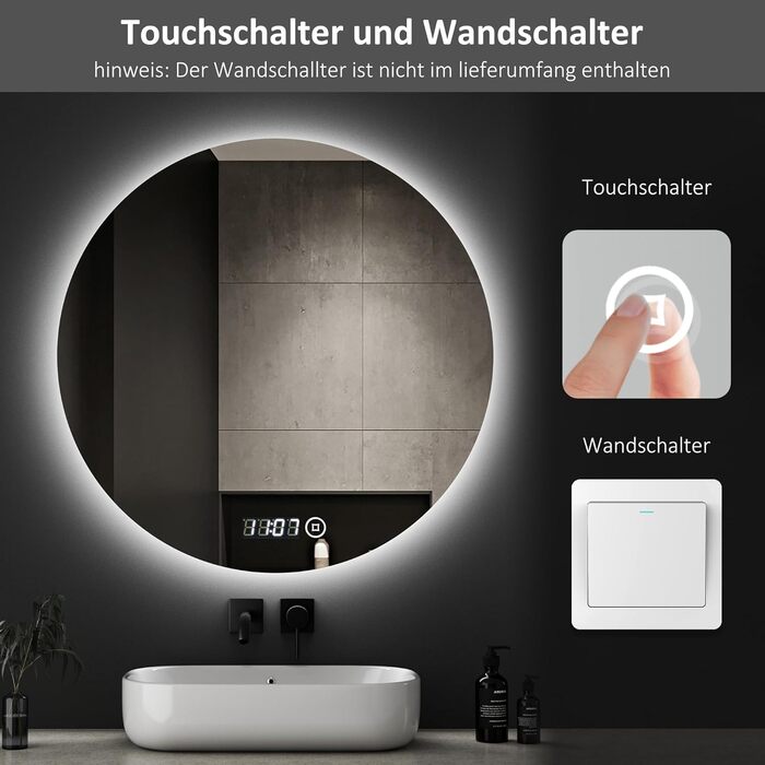 Дзеркало для ванної кімнати Boromal з підсвічуванням, годинником та регулюванням кольору світла (60 см)