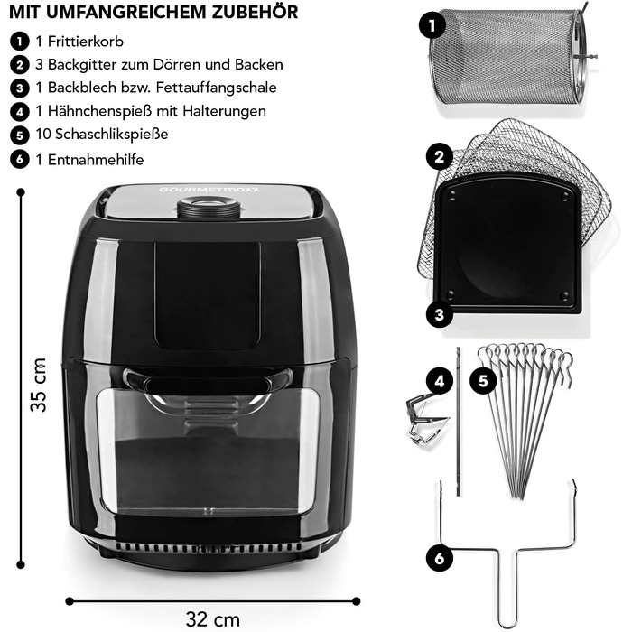 GOURMETmaxx цифрова аерофритюрниця XXL 9 л, 1800 Вт, чорна — електрична повітряна фритюрниця з таймером, сенсорним дисплеєм, 8 програмами, вертелом і шампурами для шашлику, для здорового та енергоощадного приготування