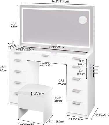 Туалетний столик YITAHOME з LED-підсвіткою, 3 кольори, регульована яскравість, дзеркало, 11 шухляд, розетка, білий, сучасний косметичний столик для макіяжу