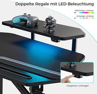 Ігровий стіл EUREKA ERGONOMIC 160x74 см - великий стіл у формі крила з 2 відсіками для iPad. Підходить для дому, офісу, стрімінгу. Чорний колір.