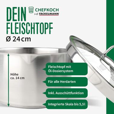 Каструля з нержавіючої сталі Fackelmann Chefkoch München 24 см, 5,5 л, для всіх типів плит (індукція), з функцією зливу, високоякісна