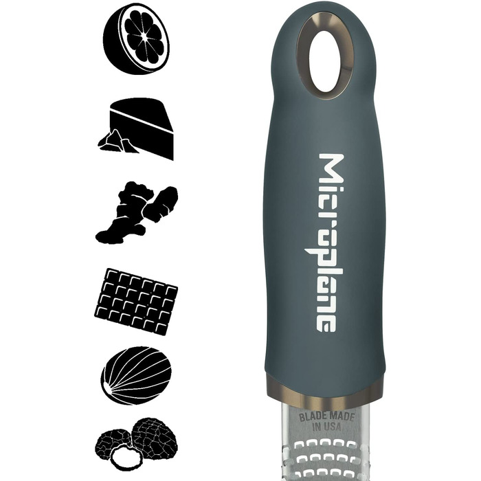 Терка Microplane для цитрусових, пармезану, імбиру, шоколаду та мускатного горіха, з дрібною лезом з нержавіючої сталі, антрацитово-сіра, 325×35×30 мм, вироблено в США
