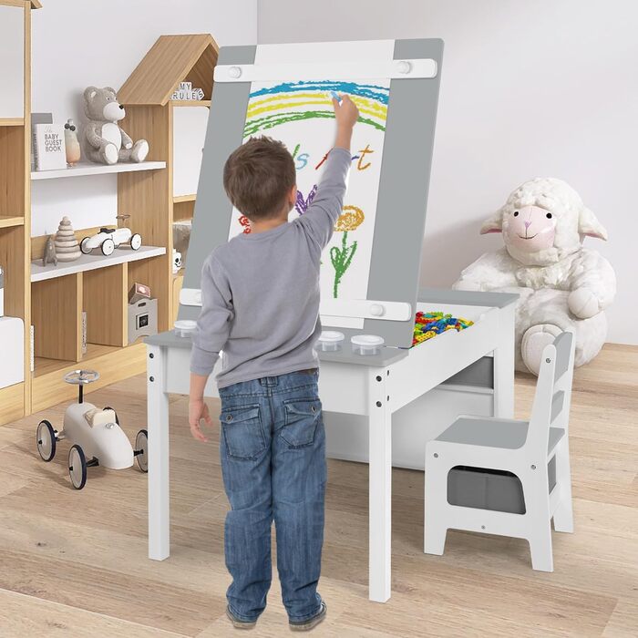 Дитячий стіл Kinder-Kunsttisch-Set з 2 стільцями: дерев'яний активний стіл для малюків з регульованою стільницею, відрами для фарб та 8 тканинними ящиками для зберігання (сірий/білий)