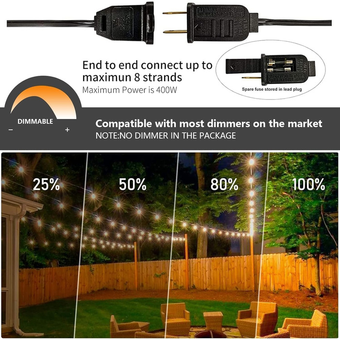 LED гірлянда Bomcosy 60м, G40 для вулиці, 100+4 лампочки, IP44, тепле світло для саду, тераси, вечірки