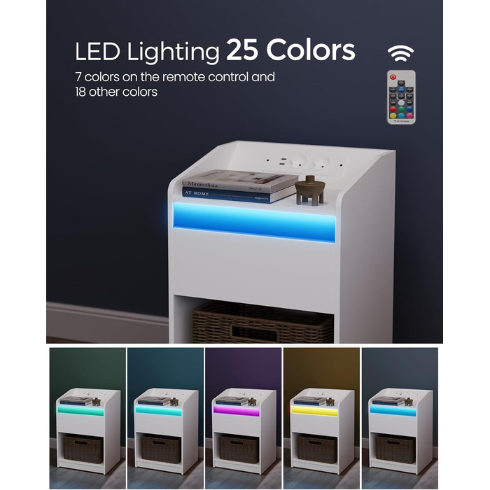 Тумба приліжкова Hzuaneri з LED-підсвіткою, USB, розетками, шухлядою та відкритою полицею, біла, для спальні та вітальні