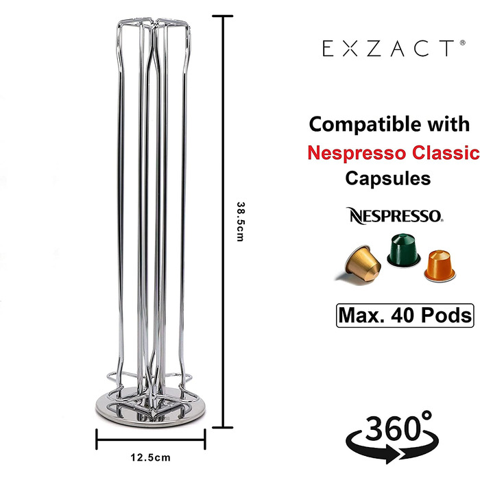 Тримач для кавових капсул EXZACT, сумісний з Nespresso, на 40 капсул, металевий органайзер-диспенсер для кавових капсул, сріблястий