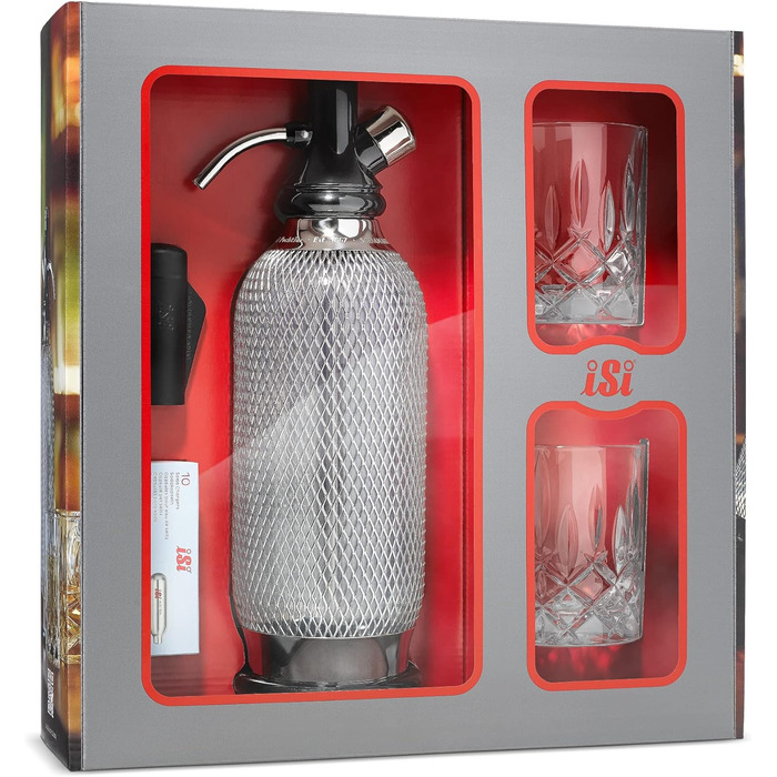 Сифон для газування води iSi Soda Maker Classic Geschenkset, 1 л, нержавіюча сталь, набір із 2 склянок і 10 капсул, барне приладдя для приготування содової води