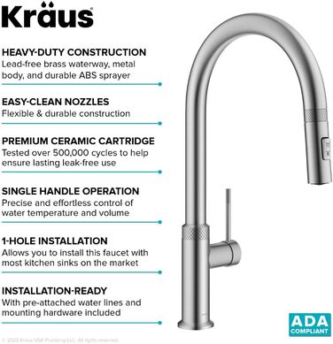 Змішувач кухонний Kraus KPF-3104SFS Oletto з витяжним душем, нержавіюча сталь, 44 см