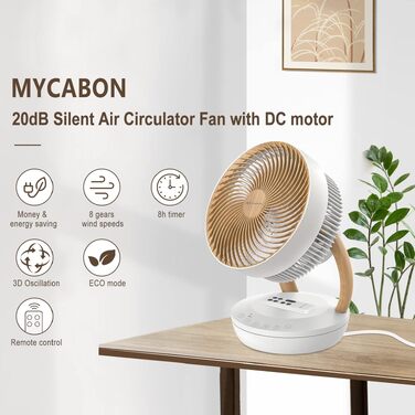 Вентилятор настільний MYCARBON FS05-A: тихий, 8 швидкостей, 3D-обертання, ECO-режим, таймер 8 год, продуктивність 1850 м³/год для спальні