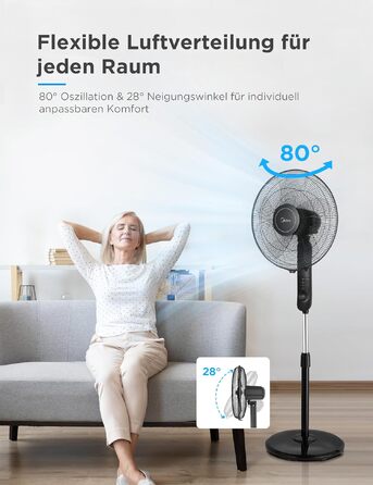Вентилятор підлоговий Midea FS40-15FR з пультом, 3 режими, LED дисплей, таймер, регульована висота, чорний