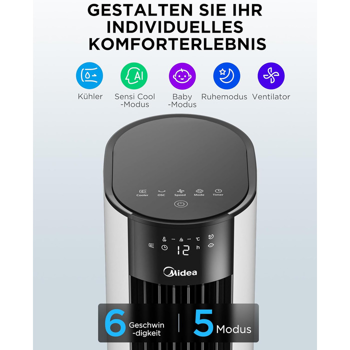 Мобільний випарний охолоджувач повітря Midea Sensicool 7л з сенсорним дисплеєм (білий)