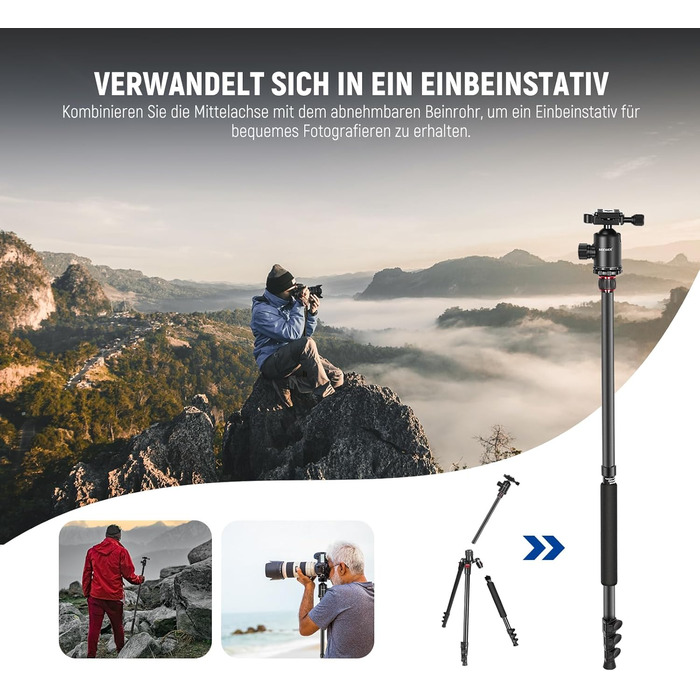 NEEWER 77'' штатив-монопод для DSLR і телефону, алюмінієвий, з 360° панорамною головкою, 2-осьовою центральною колоною, Arca QR, до 15,4 кг, сумка
