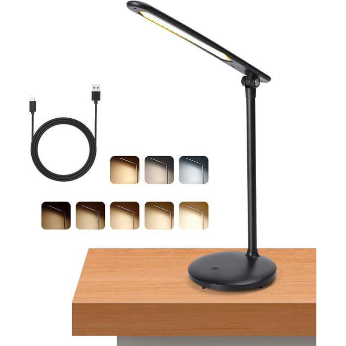 LED настільна лампа Aigostar для дітей, диммована, 3 режими, 5 рівнів яскравості, гнучка, складана, з USB-кабелем 100 см, сенсорне керування, чорна
