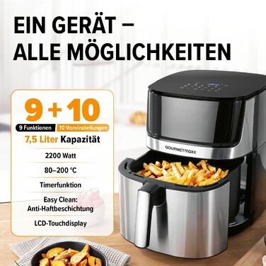 GOURMETmaxx 4в1 цифрова аерофритюрниця 2200 Вт, 7,5 л, нержавіюча сталь/чорна, 10 програм, енергозберігаюча, сенсорний дисплей, таймер