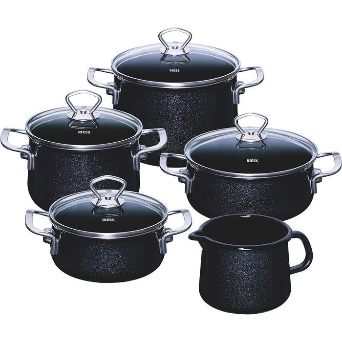 Riess Сімейний набір посуду 5 предметів NOUVELLE BLACK MAGIC EXTRA STARK: каструлі з кришками 16 і 20 см, сотейники з кришками 16 і 20 см, ковшик 12 см, емальований, чорний