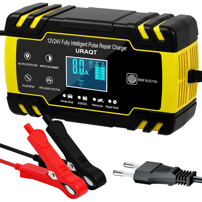 Зарядний пристрій для акумулятора URAQT 8A: 12V/24V, розумна автоматична зарядка для авто, LCD дисплей, режим ремонту, захист, для авто, вантажівок, газонокосарок, човнів