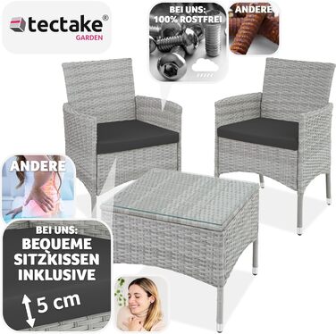 Комплект садових меблів tectake® з поліратану: 2 крісла з підлокітниками та стіл з скляною стільницею, змінні чохли, для балкона та саду, світло-сірий