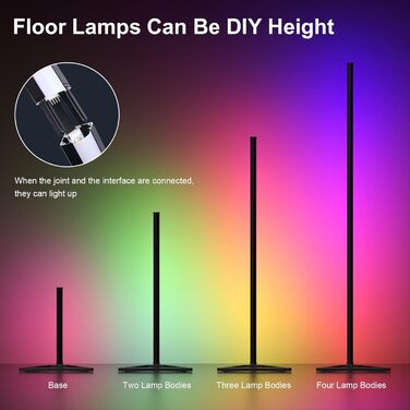 MIWATT LED торшер 143 см для вітальні, RGB, диміруємий, з пультом і додатком, 16 млн кольорів, музичний режим, таймер, чорний