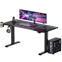 Регульований по висоті письмовий стіл Devoko 160x70 см, ігровий стіл для комп'ютера з двома моторами, LED-підсвіткою та кабелеменеджментом, чорний
