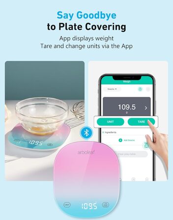 Цифрова кухонна вага Arboleaf 10 кг з додатком, підрахунком калорій, USB-зарядкою, Bluetooth, LED-дисплеєм, точність 0,5 г, із загартованого скла (кольорова)