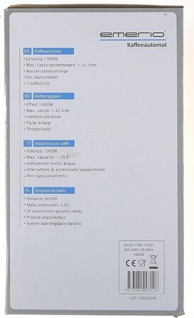 Кавоварка фільтраційна Emerio CME-122933, 1.25 л, 1000 Вт, чорна/срібляста, знімний постійний фільтр, функція захисту від капання, авто-вимкнення, скляний глечик, до 10 чашок