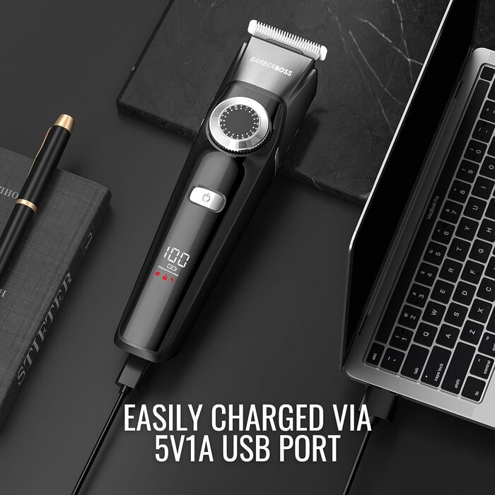 BarberBoss 3-в-1 тример для волосся та бороди, чоловічий набір для стрижки, USB, водонепроникний, 4 насадки, LED підсвітка