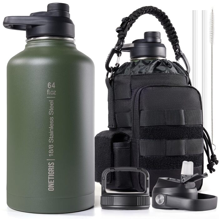 Термос-фляга OneTigris Edelstahl 1.9л (64oz) з чохлом, спортивна фляга для води, 3 кришки для велосипеда, кемпінгу, йоги, спортзалу, полювання, риболовлі - Оливково-зелений