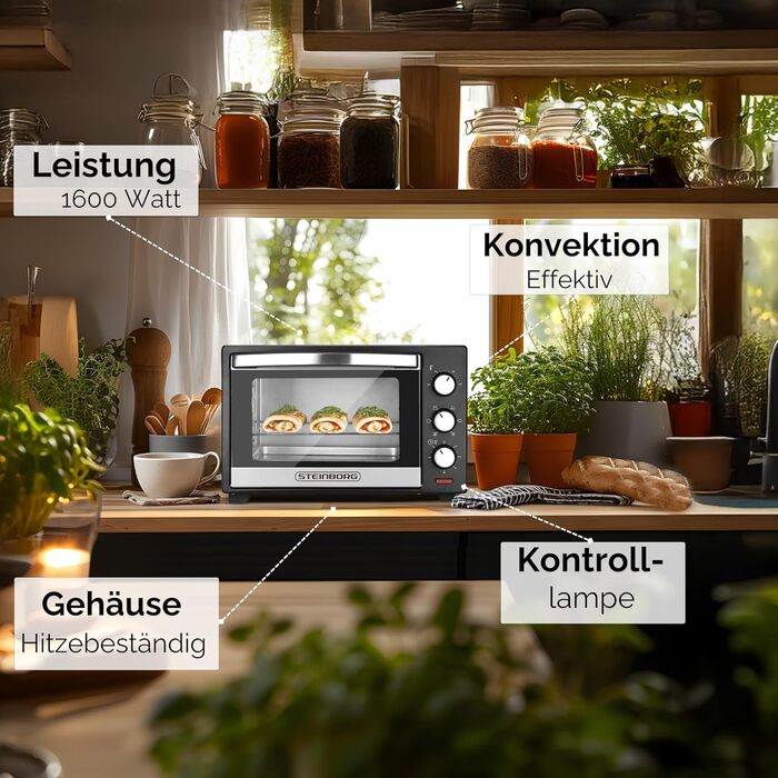 Steinborg Mini Backofen 25л – Електрична міні-піч 3-в-1 для піци та випічки з конвекцією, 1600 Вт, таймер 60 хв, деко для крихт