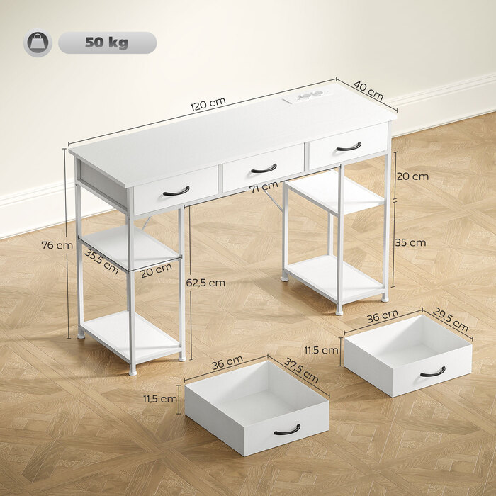 Стіл-парта з 2 USB-портами для зарядки, 2 розетками, регульованими полицями, 3 тканинними ящиками, розміром 120x40x76 см, білий