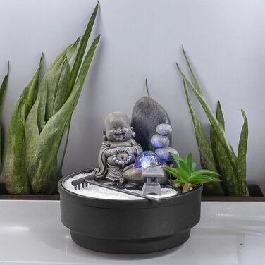 Настільний фонтан-дзен сад Sikhi Zen'Light з фігуркою Будди, кольоровою LED-підсвіткою та білим піском, 21 см — Декоративний фонтан для релаксації та інтер'єру