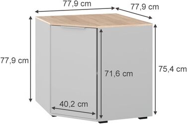 Кутова тумба Vicco Betti, біла/дуб сонома, 78x78 см, з одними дверцятами