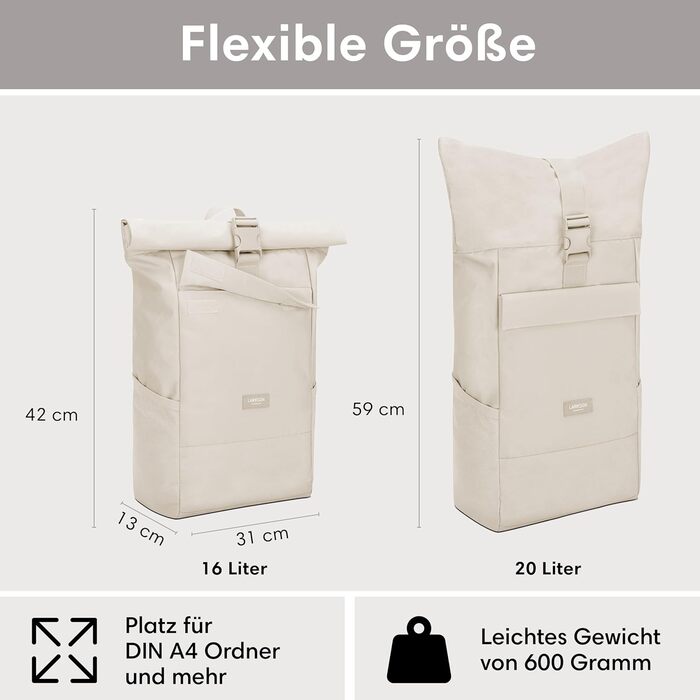 Рюкзак LARKSON Rolltop No 4 для жінок і чоловіків, з відділенням для ноутбука, для університету, роботи й велосипеда, великий туристичний рюкзак, водовідштовхувальний, універсальний розмір, колір пісочний