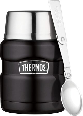 Термос для їжі Thermos STAINLESS KING 470 мл, чорний матовий, з ложкою, нержавіюча сталь, зберігає тепло 6 годин/холод 24 години, герметичний, для супу, мюслі, підходить для посудомийної машини