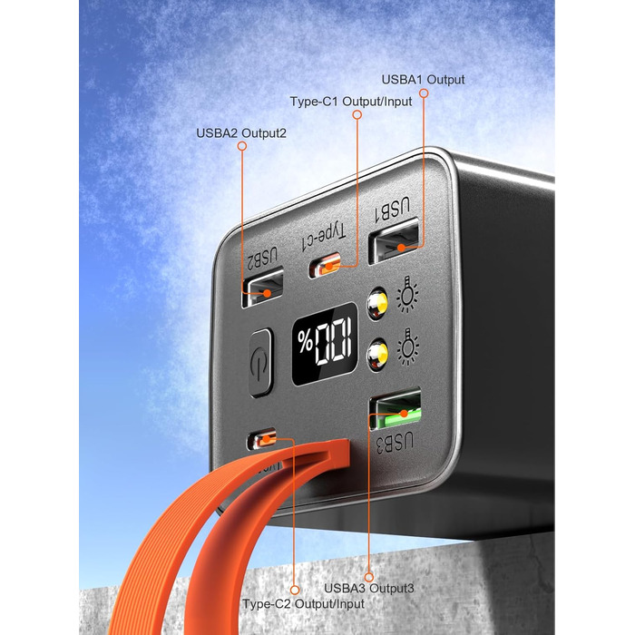 Портативний акумулятор 140W 70000mAh з 5 виходами USB-C, PD3.1, QC4.0, LED дисплеєм та ліхтариком. Чорний. Для ноутбука, телефону, планшета. Ідеально для подорожей, кемпінгу та активного відпочинку на природі.